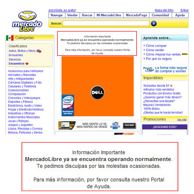 pantalla-diculpas-mercado-libre Pantalla con la aclaración que ahora si funcionan correctamente.