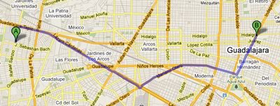 Google ya nos inidica la ruta a seguir entre dos ubicaciones para Guadalajara
